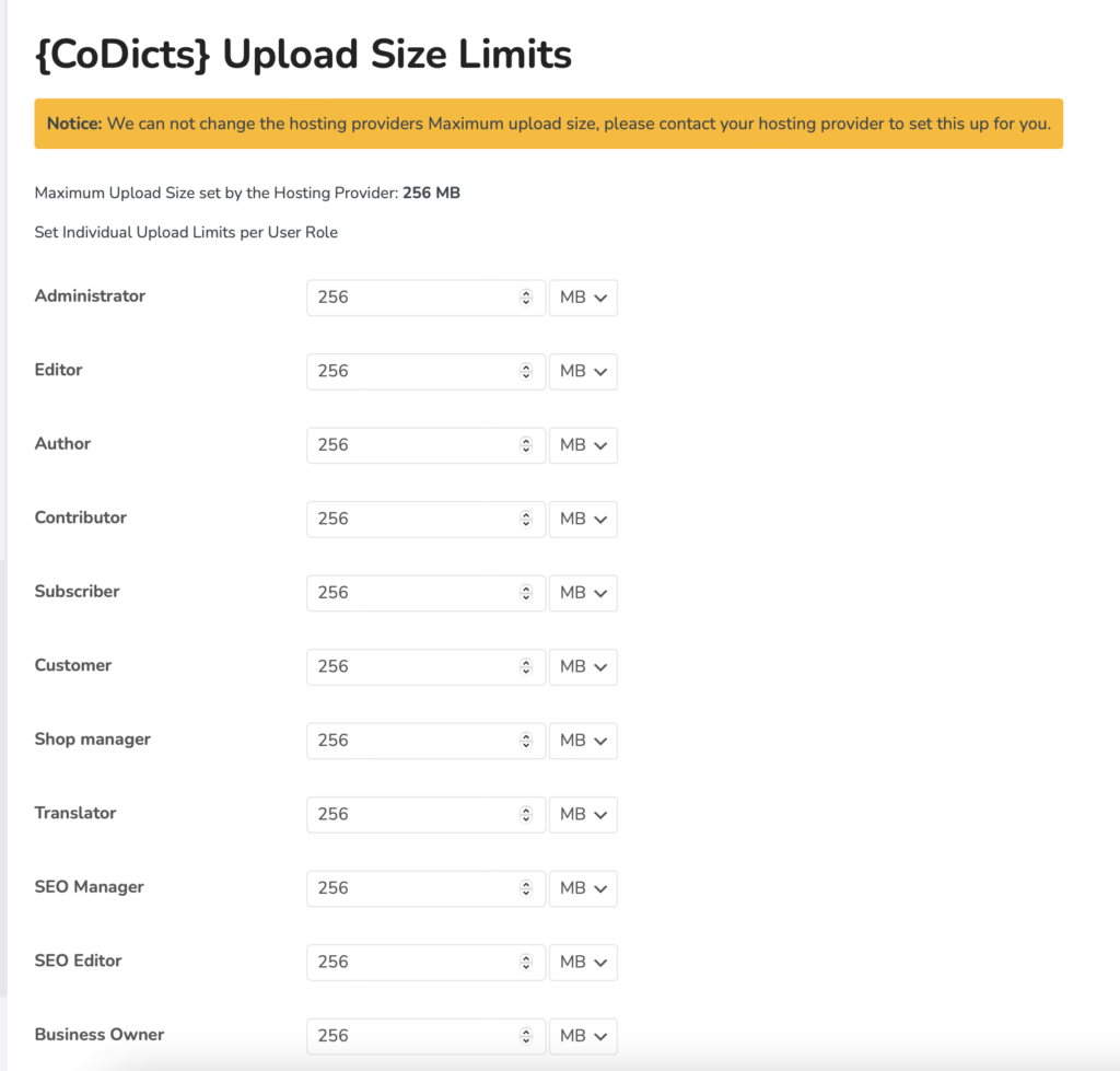 CoDicts WordPress Upload Limits Size