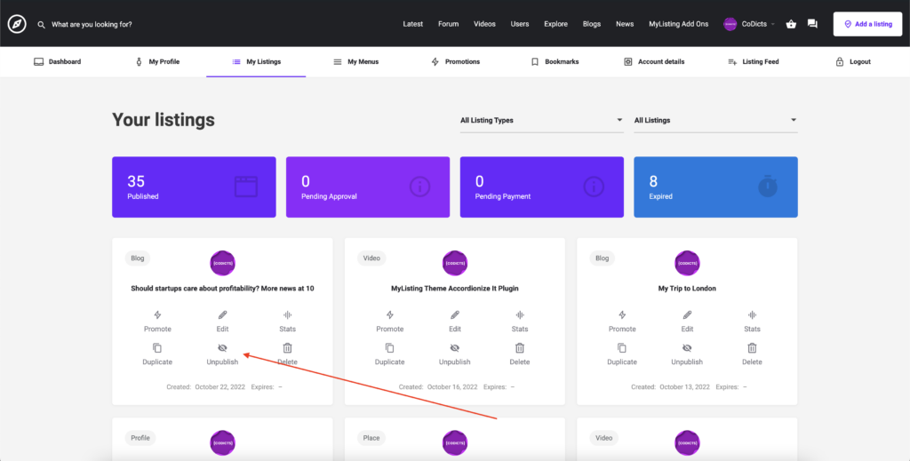 CODICTS MyListing Theme Publish Unpublish Listings 1 - {CODICTS} MyListing Theme - Payment First Add Listing Flow - CoDicts