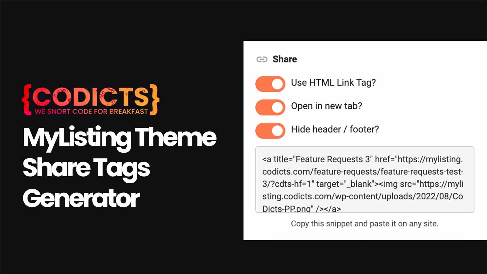{CODICTS} MyListing Theme - Share Tags Generator - CoDicts
