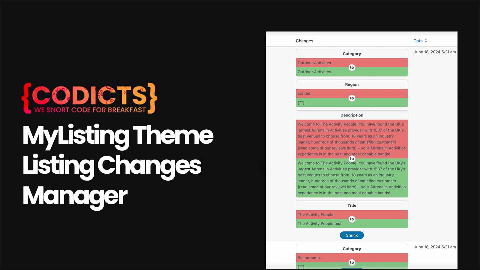 {CODICTS} MyListing Theme - Listing Changes Manager